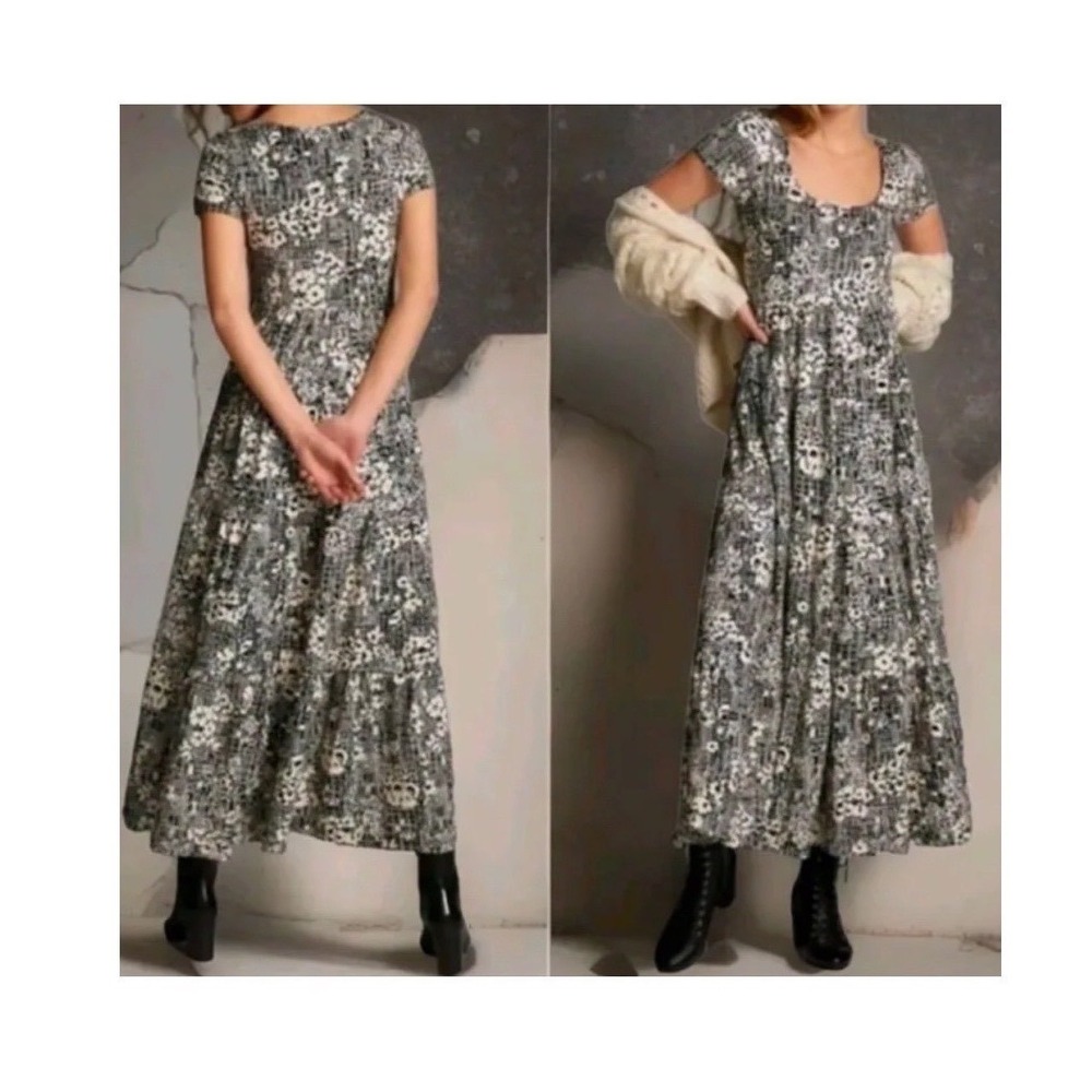 Anthropologie Maeve Catalina Black Floral &‎ White Boho Tiered Flowy Maxi Dress